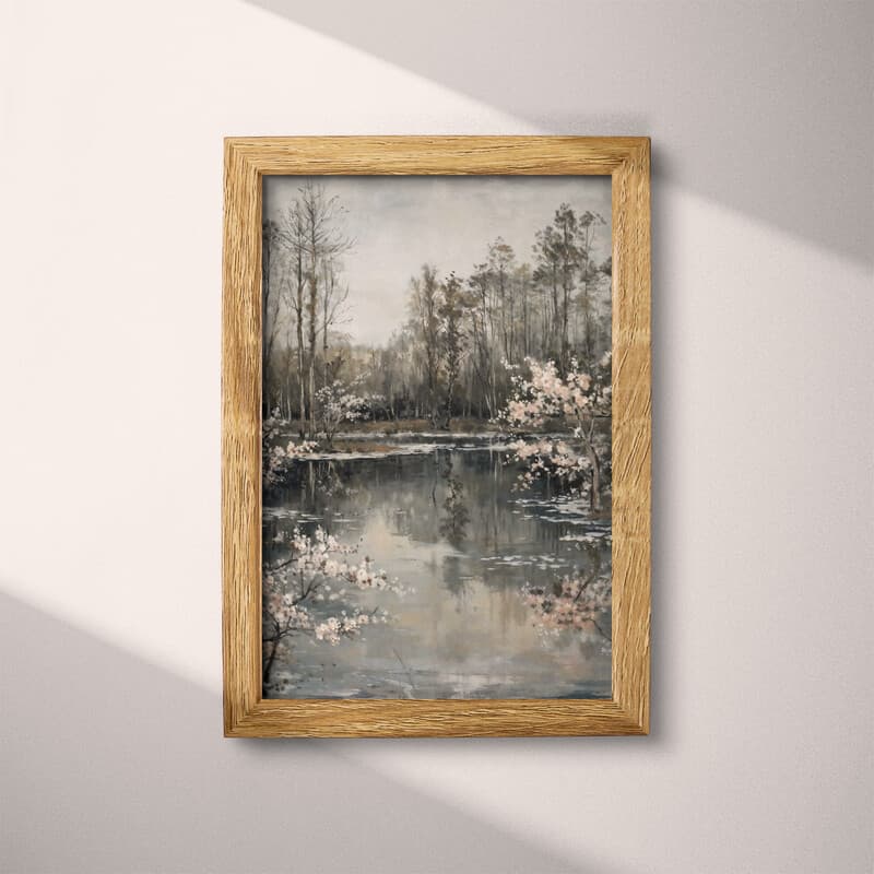 Full frame view of An impressionist oil painting, a pond surrounded by blooming trees, gray sky