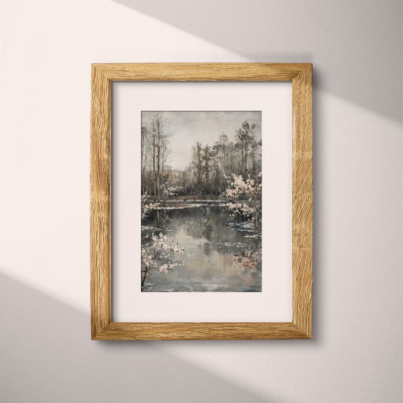 Matted frame view of An impressionist oil painting, a pond surrounded by blooming trees, gray sky