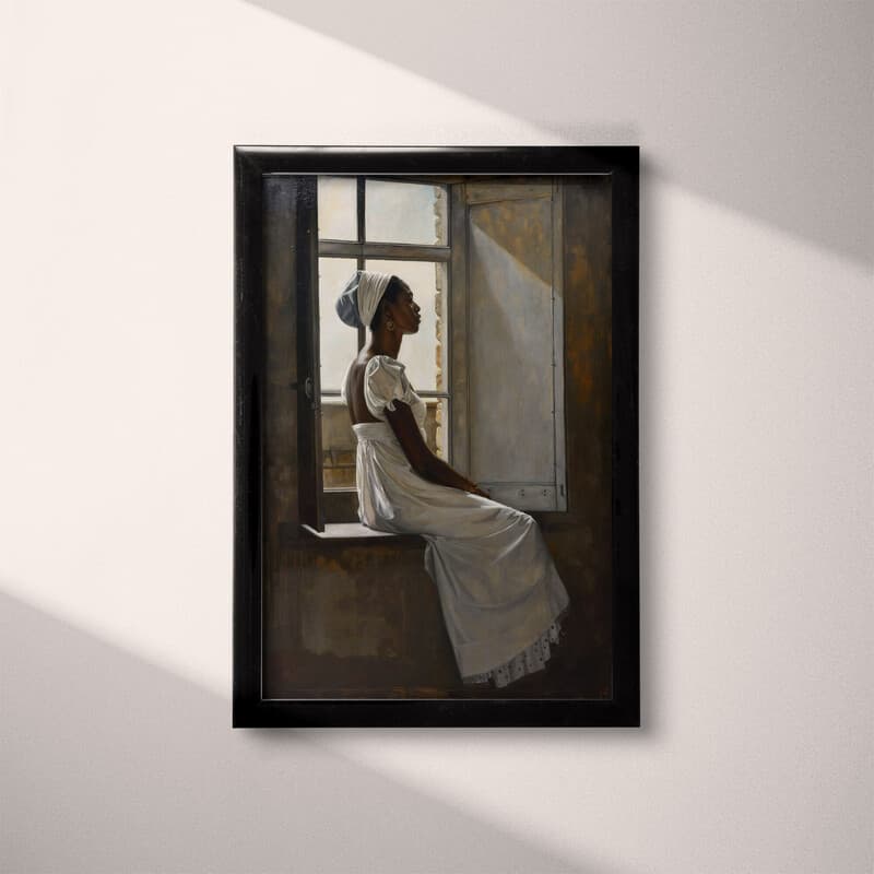 Full frame view of An afrofuturism oil painting, a woman in a white dress sitting at a window sill