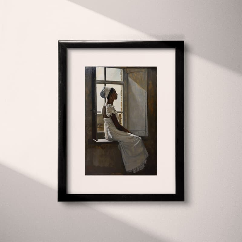 Matted frame view of An afrofuturism oil painting, a woman in a white dress sitting at a window sill