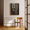 Room view with a full frame of An afrofuturism oil painting, a woman in a white dress sitting at a window sill