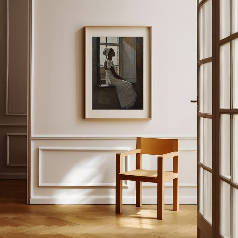 Room view with a matted frame of An afrofuturism oil painting, a woman in a white dress sitting at a window sill