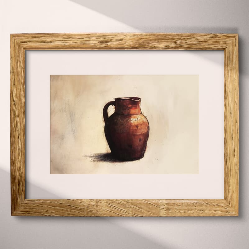 Matted frame view of A rustic pastel pencil illustration, a brown kitchen jug