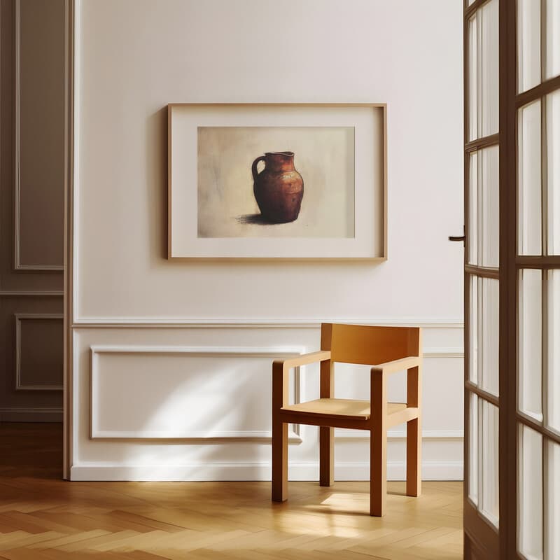 Room view with a matted frame of A rustic pastel pencil illustration, a brown kitchen jug