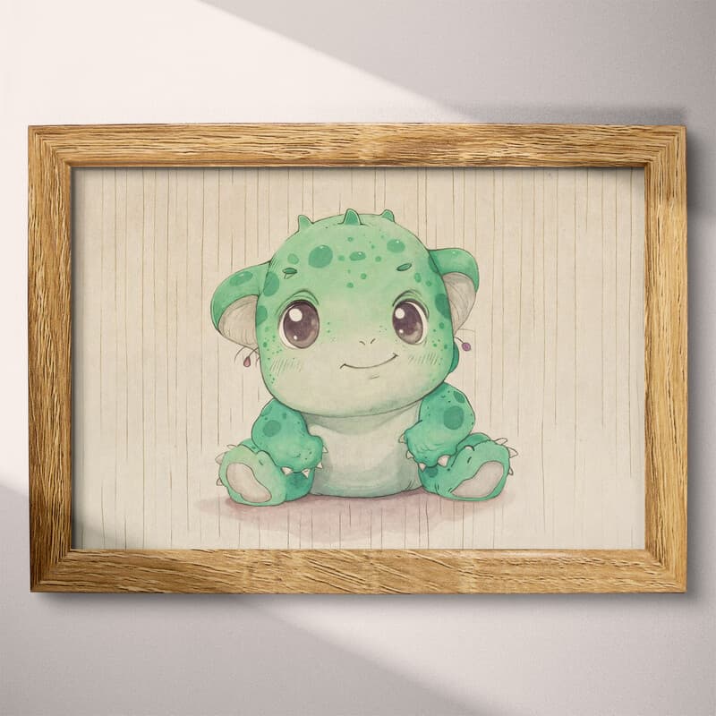 Full frame view of A cute chibi anime colored pencil illustration, a green monster