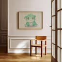 Room view with a full frame of A cute chibi anime colored pencil illustration, a green monster