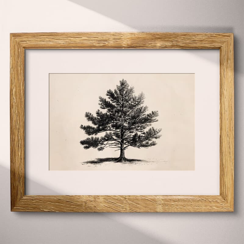 Matted frame view of A minimalist graphite sketch, a pine tree