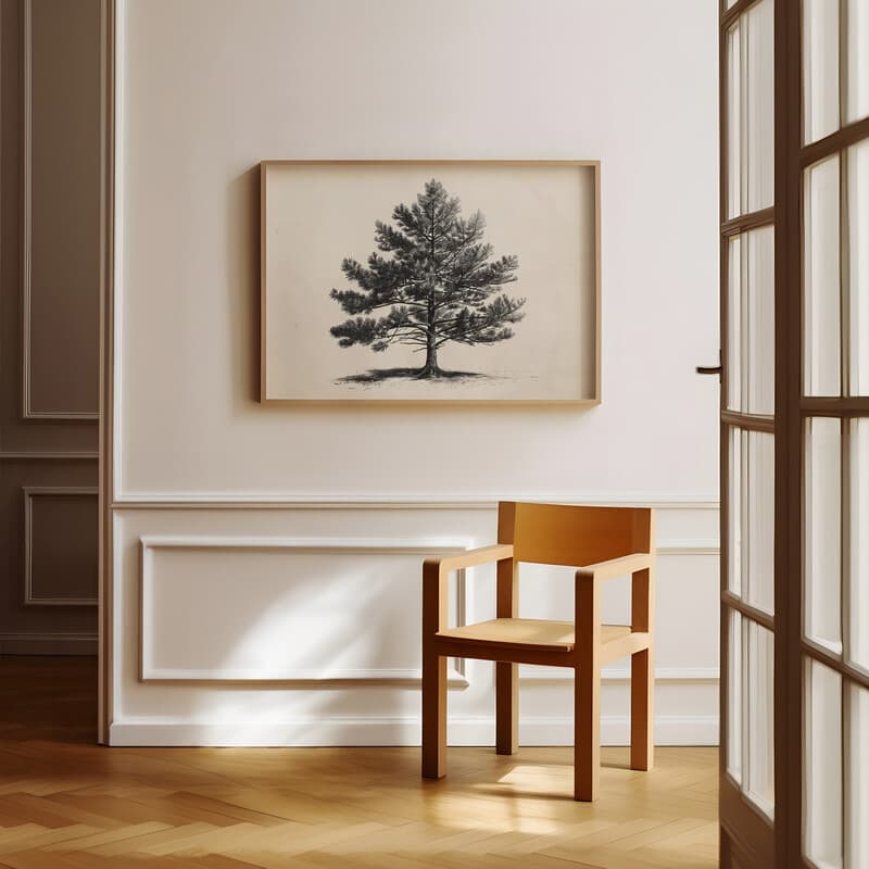 Room view with a full frame of A minimalist graphite sketch, a pine tree