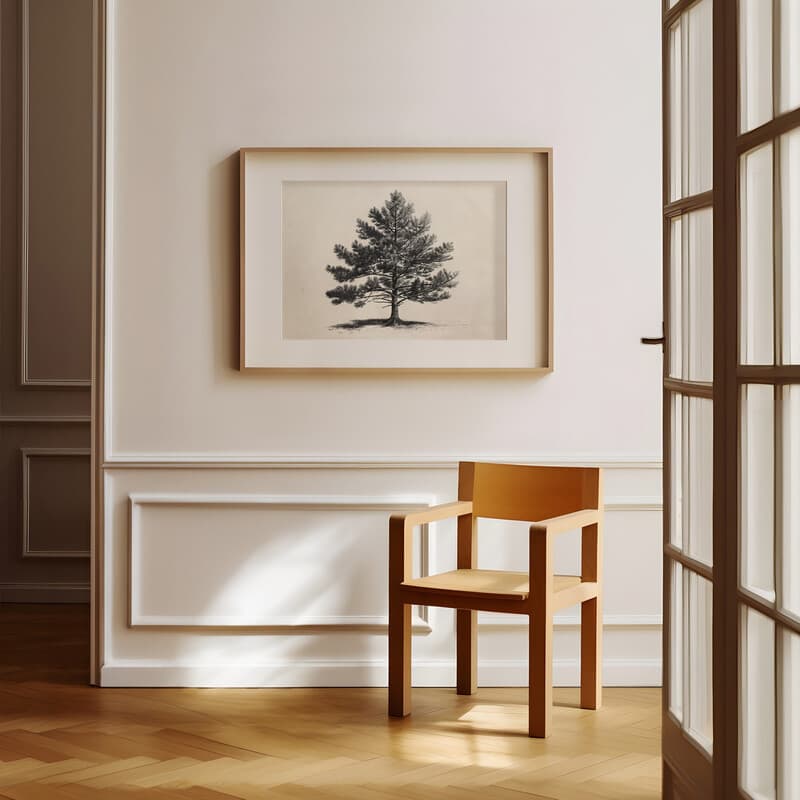 Room view with a matted frame of A minimalist graphite sketch, a pine tree