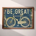 Full frame view of A vintage linocut print, the words "BE GREAT" with a bicycle