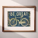 Matted frame view of A vintage linocut print, the words "BE GREAT" with a bicycle