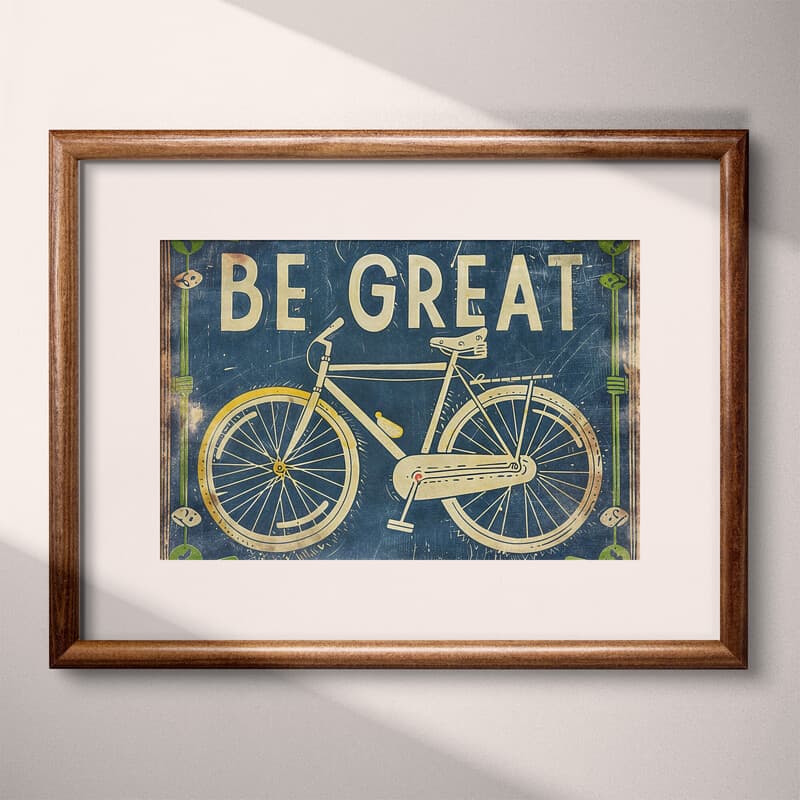 Matted frame view of A vintage linocut print, the words "BE GREAT" with a bicycle