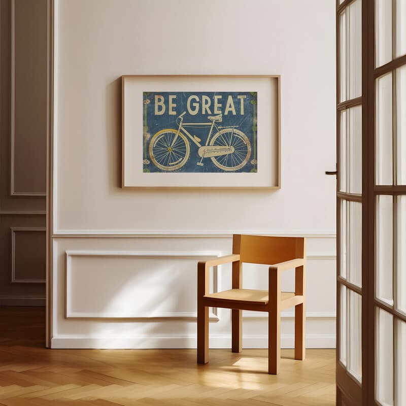 Room view with a matted frame of A vintage linocut print, the words "BE GREAT" with a bicycle