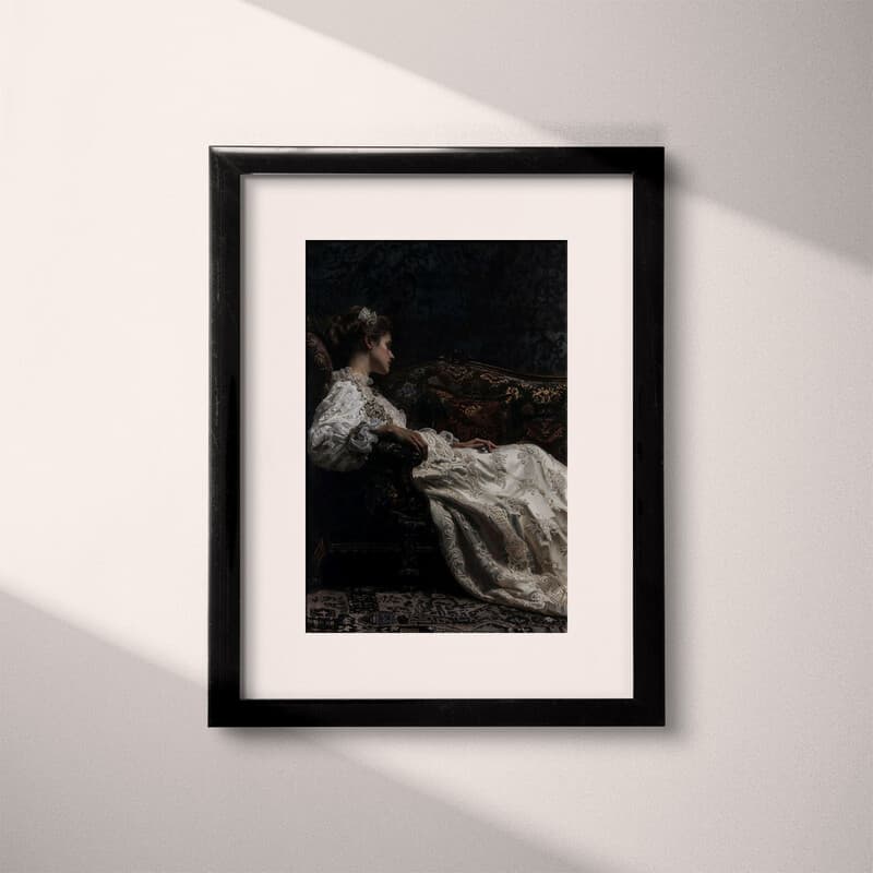 Matted frame view of A victorian oil painting, a woman laying on a chaise, side view