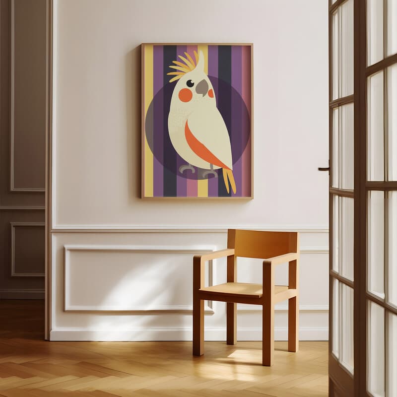 Room view with a full frame of A cute simple illustration with simple shapes, a parrot