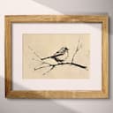 Matted frame view of A farmhouse ink sketch, a bird on a branch