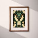 Matted frame view of A mid-century textile print, symmetric pattern of birds