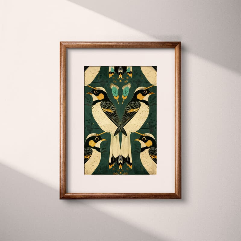 Matted frame view of A mid-century textile print, symmetric pattern of birds