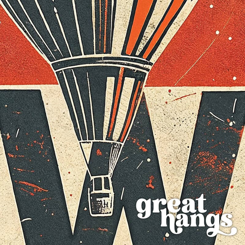 Closeup view of A vintage linocut print, the words "POWER" with a hot air balloon