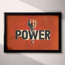 Full frame view of A vintage linocut print, the words "POWER" with a hot air balloon