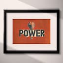 Matted frame view of A vintage linocut print, the words "POWER" with a hot air balloon