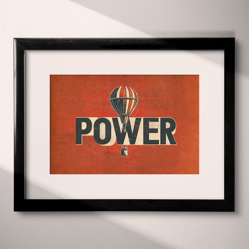 Matted frame view of A vintage linocut print, the words "POWER" with a hot air balloon