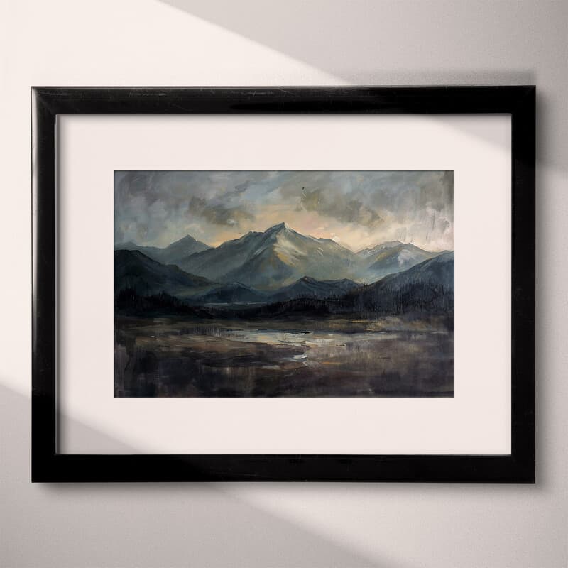 Matted frame view of An impressionist oil painting, mountain range