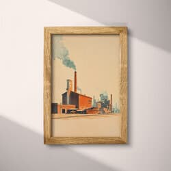 Factory Digital Download | Industrial Wall Decor | Architecture Decor | Brown, Black, Orange, Gray and Red Print | Mid Century Wall Art | Office Art | Housewarming Digital Download | Autumn Wall Decor | Pastel Pencil Illustration