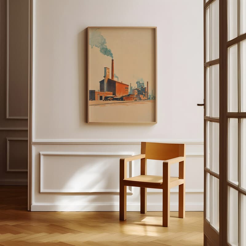 Room view with a full frame of A mid-century pastel pencil illustration, outside view of a factory