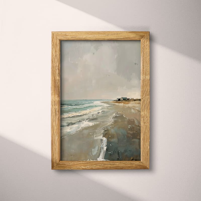 Full frame view of An impressionist oil painting, beach and ocean, a lake house in the distance, gray sky