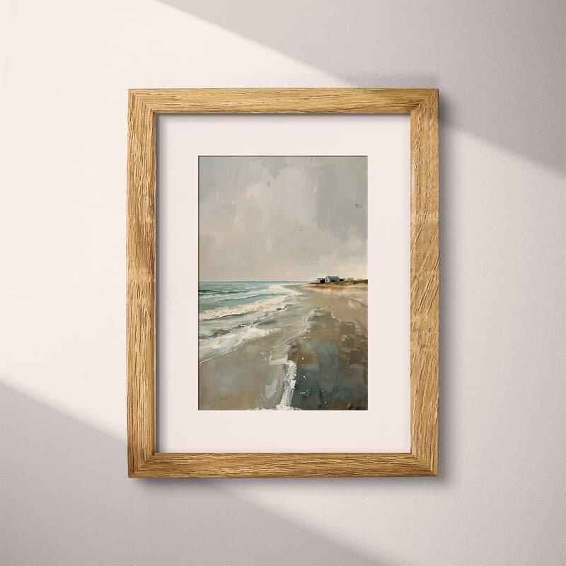 Matted frame view of An impressionist oil painting, beach and ocean, a lake house in the distance, gray sky