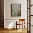 Room view with a full frame of An impressionist oil painting, beach and ocean, a lake house in the distance, gray sky