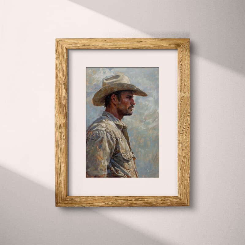 Matted frame view of A southwestern oil painting, portrait of a cowboy, side view