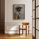 Room view with a full frame of A southwestern oil painting, portrait of a cowboy, side view