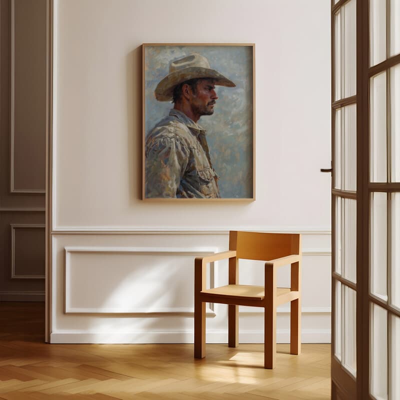 Room view with a full frame of A southwestern oil painting, portrait of a cowboy, side view