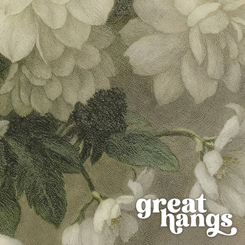 Closeup view of An art nouveau pastel pencil illustration, still life of white flowers in a vase