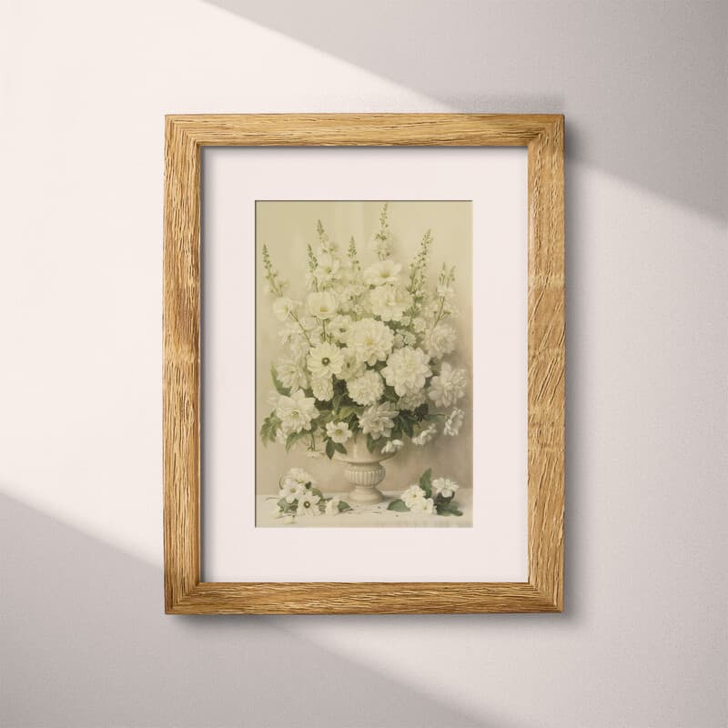 Matted frame view of An art nouveau pastel pencil illustration, still life of white flowers in a vase