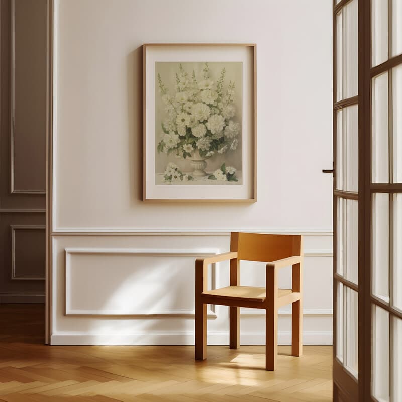 Room view with a matted frame of An art nouveau pastel pencil illustration, still life of white flowers in a vase