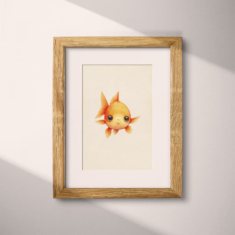 Matted frame view of A cute chibi anime colored pencil illustration, a goldfish