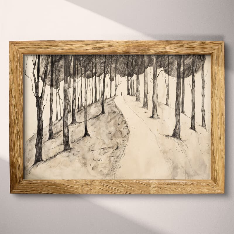 Full frame view of A rustic graphite sketch, a hiking trail up a hill lined with trees