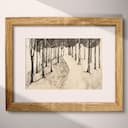 Matted frame view of A rustic graphite sketch, a hiking trail up a hill lined with trees