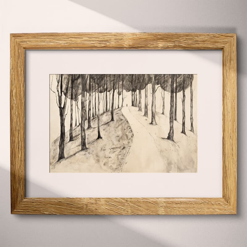 Matted frame view of A rustic graphite sketch, a hiking trail up a hill lined with trees