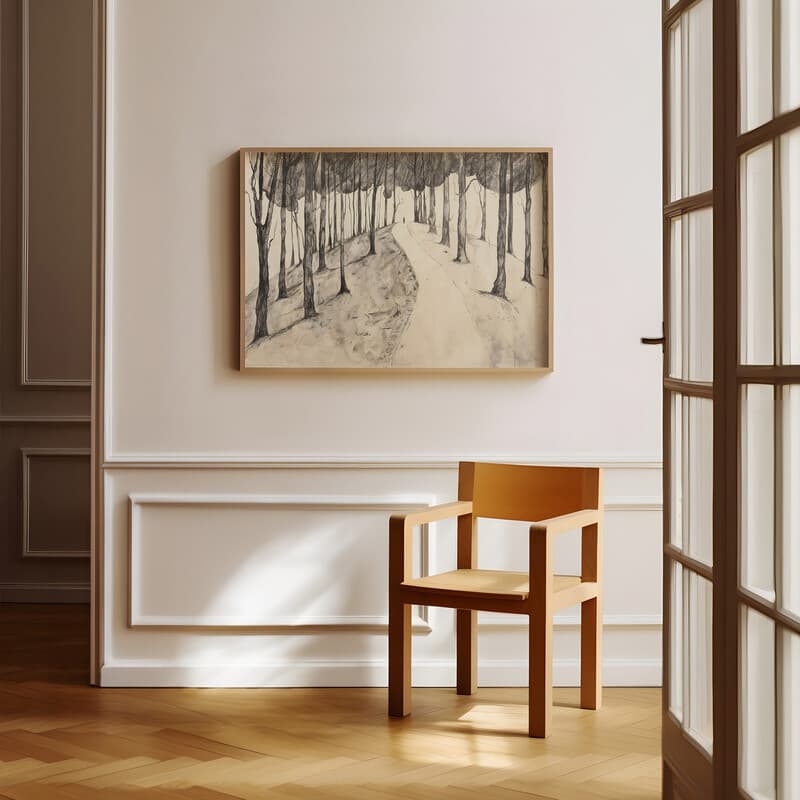 Room view with a full frame of A rustic graphite sketch, a hiking trail up a hill lined with trees