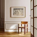 Room view with a matted frame of A rustic graphite sketch, a hiking trail up a hill lined with trees