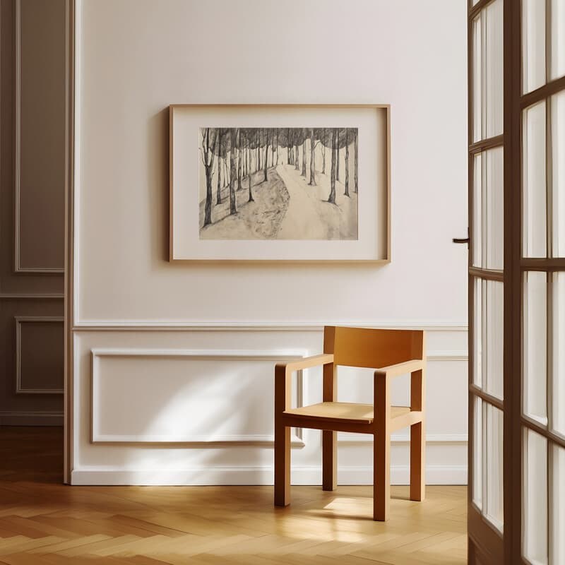 Room view with a matted frame of A rustic graphite sketch, a hiking trail up a hill lined with trees