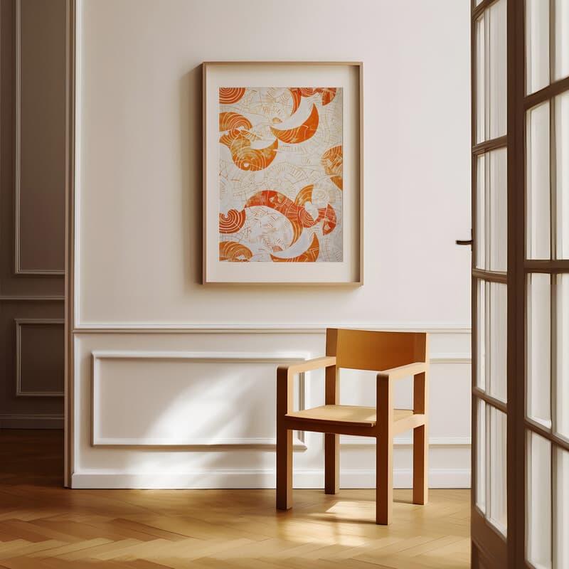 Room view with a matted frame of A bauhaus textile print, intricate pattern