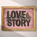 Full frame view of A vintage linocut print, the words "LOVE STORY" with a typewriter