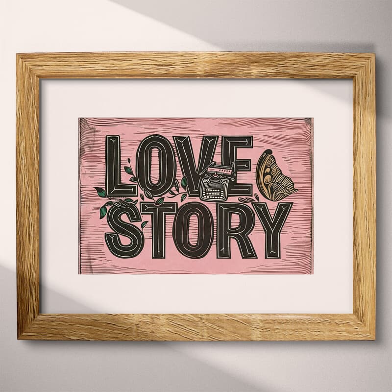 Matted frame view of A vintage linocut print, the words "LOVE STORY" with a typewriter