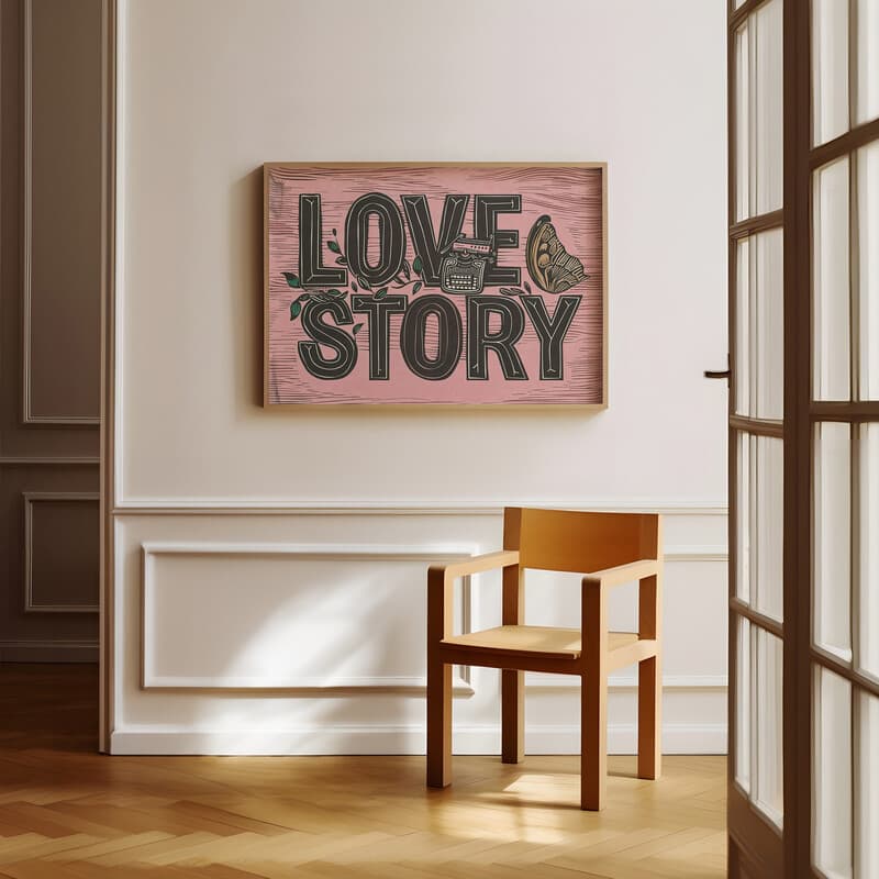 Room view with a full frame of A vintage linocut print, the words "LOVE STORY" with a typewriter