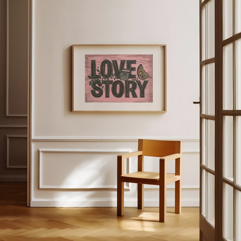 Room view with a matted frame of A vintage linocut print, the words "LOVE STORY" with a typewriter